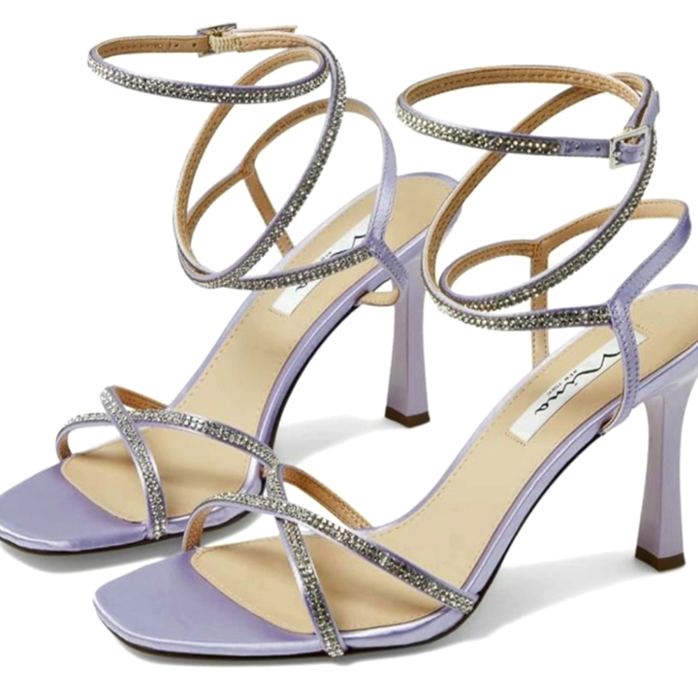 New NINA Lavendar & Rhinestone Strappy High Heel Size 9.5 Beautiful Square Toe
